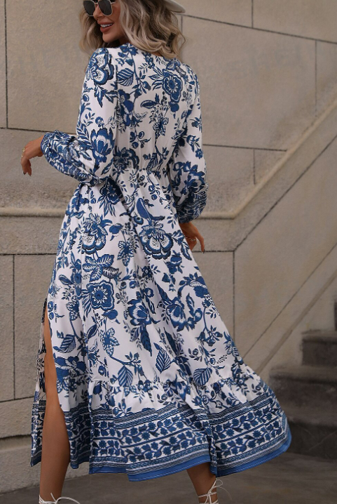 Dress-Blue Floral Lantern Sleeve, Split Thigh