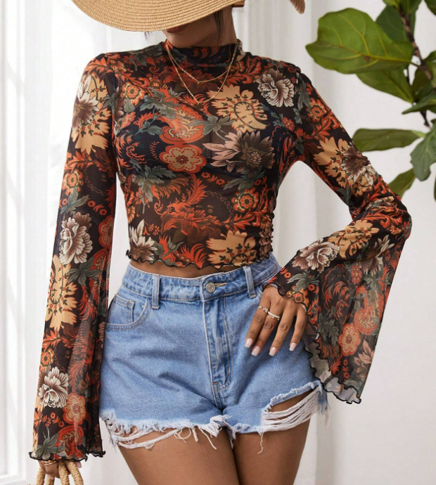 Top-Sheer Trumpet Sleeve Crop