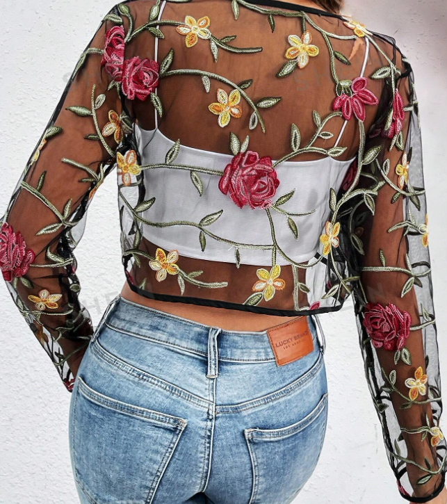 Top-Sheer Floral Crop Jacket