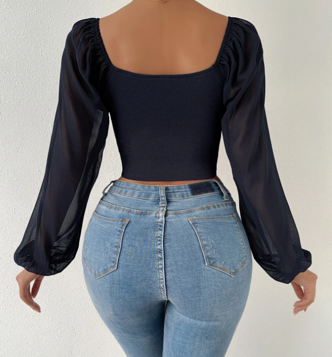 Top-Drawstring Lantern Sleeve Crop
